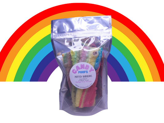 Our Rainbow Puffs are made with freeze dried Tropical Tie-Dye Fruit Roll Ups! 😀 Great conversation starters and fun for birthday parties, bachelorette parties, weddings, baby showers, Valentines, Easter, Father's Day, Mother's Day, etc...