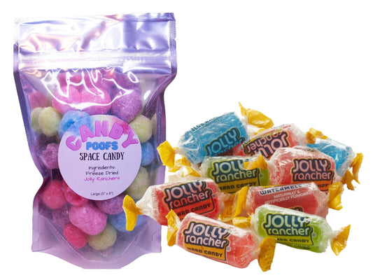 Our Puffed Ranchers are made from freeze dried Jolly Ranchers that are now light, airy, and crispy instead of the traditional hard candy. Packed with flavor and super fun to try!